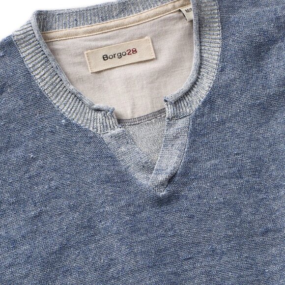 Borgo28 Indigo Cotton-Linen Notch Neck Sweater - Picture 2 of 2